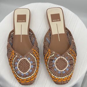 Dolce Vita Brown Woven Mules with Orange and Blue Accents, Size 7.5